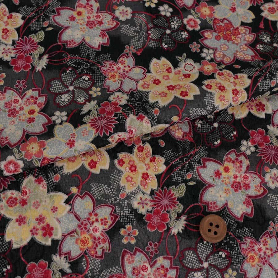 ポリジャガードちりめん生地 さくら(黒)10cm単位 切り売り |生地 和柄