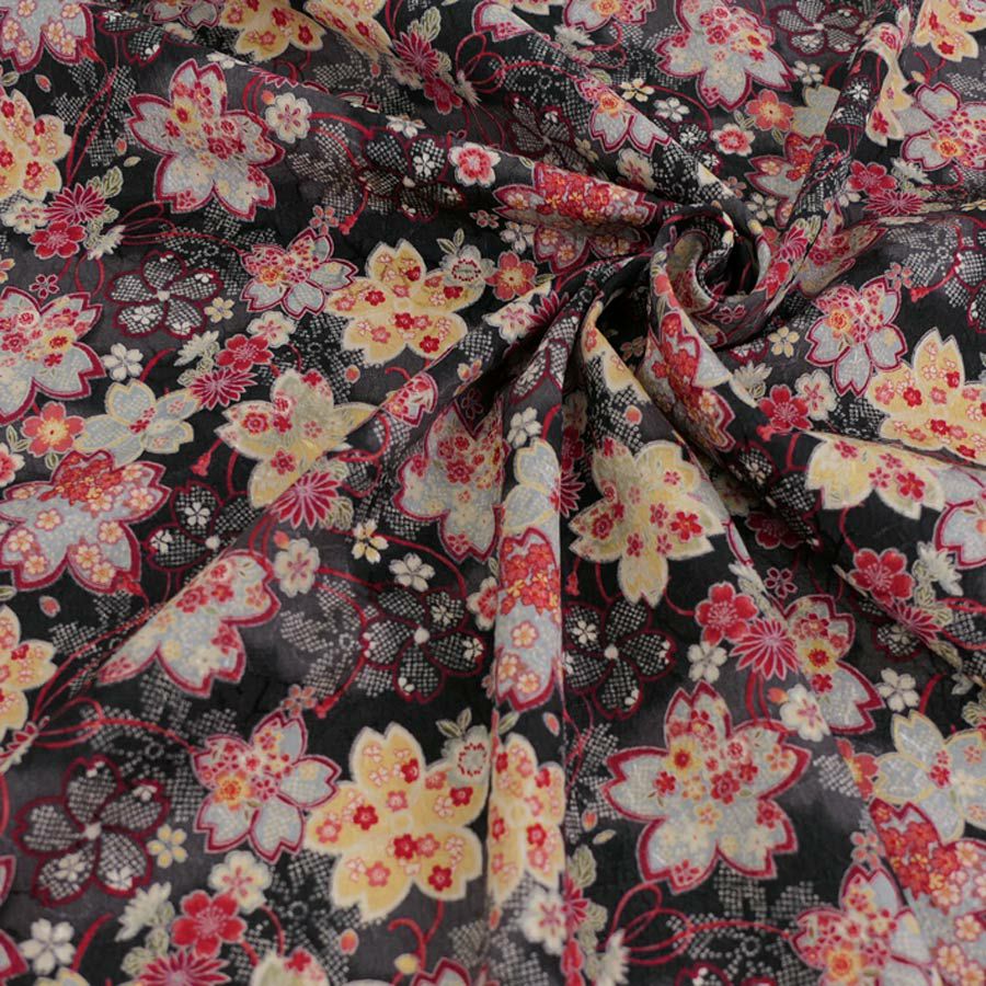 ポリジャガードちりめん生地 さくら(黒)10cm単位 切り売り 桜柄黒赤ブラック かわいい和風布 衣装生地 チリメンジャカード