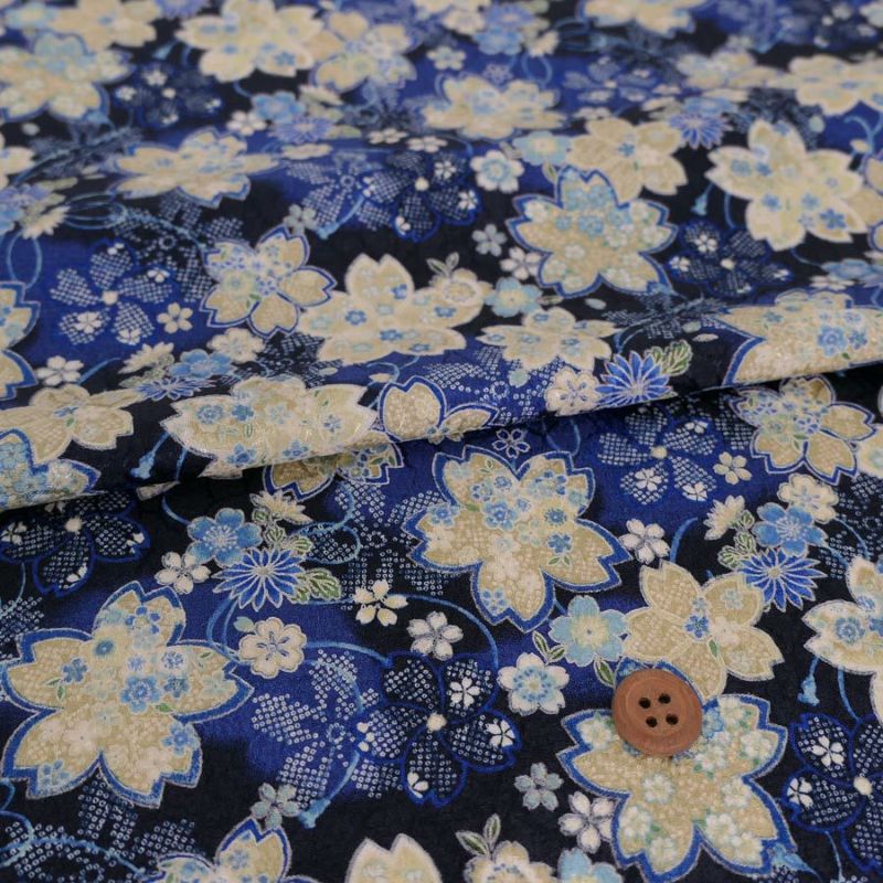 ポリジャガードちりめん生地 さくら(紺色)10cm単位 切り売り |生地 和柄/和布/ちりめん手芸通販布がたり