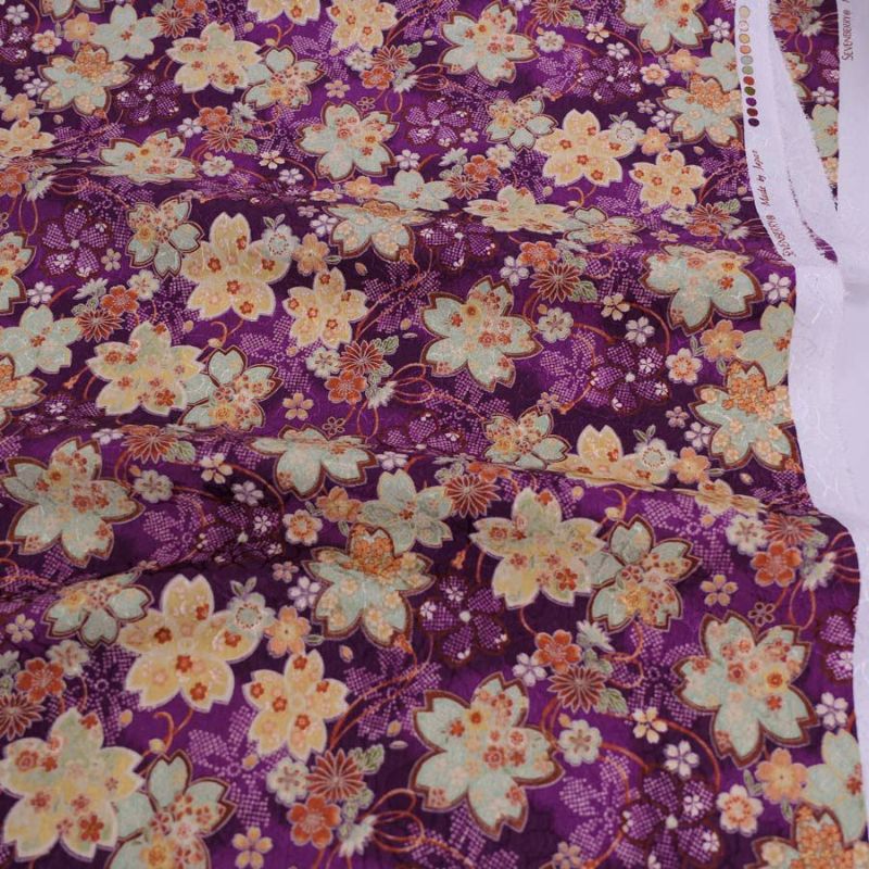 ポリジャガードちりめん生地 さくら(紫)10cm単位 切り売り 和柄生地 桜柄パープル チリメン縮緬 衣装生地和風 華やか和調