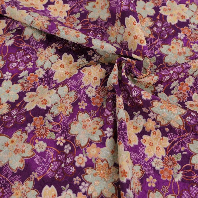 ポリジャガードちりめん生地 さくら(紫)10cm単位 切り売り 和柄生地 桜柄パープル チリメン縮緬 衣装生地和風 華やか和調