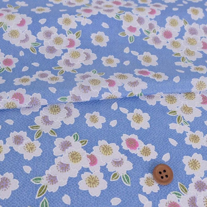 ちりめん生地 白桜(ブルー) 10cm単位 切り売り ちりめん細工向き鬼縮緬 オニチリメン 手芸用 ブルー地桜柄
