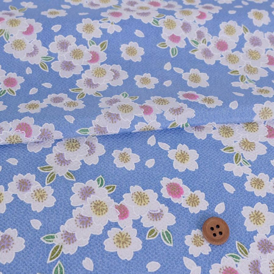 ちりめん生地 白桜(ブルー) 10cm単位 切り売り ちりめん細工向き鬼縮緬 オニチリメン 手芸用 ブルー地桜柄