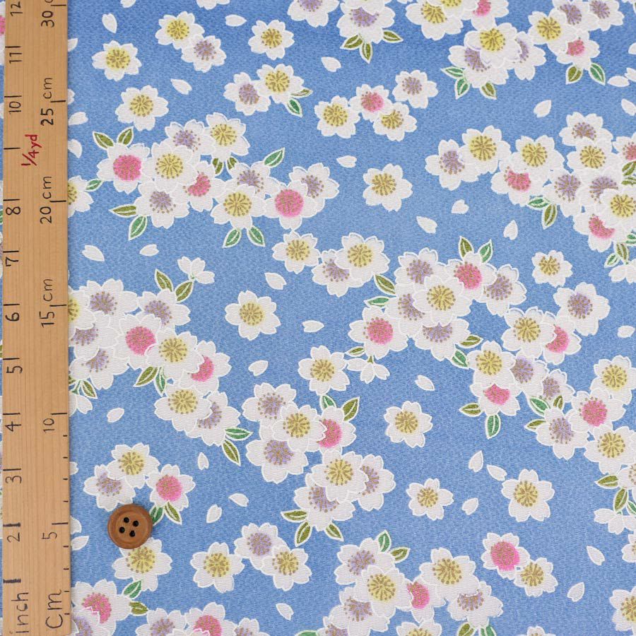 ちりめん生地 白桜(ブルー) 10cm単位 切り売り ちりめん細工向き鬼縮緬 オニチリメン 手芸用 ブルー地桜柄
