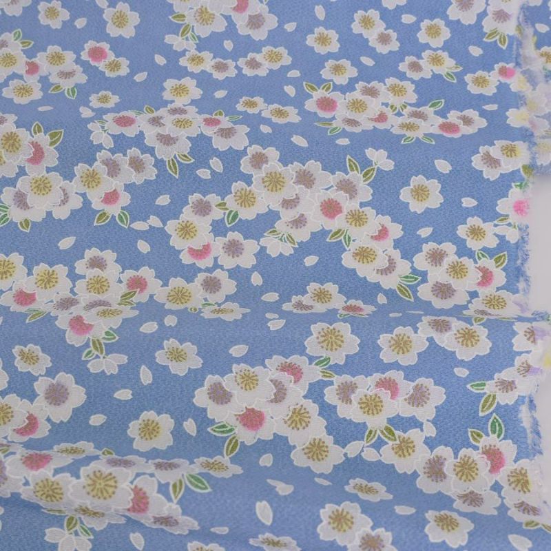 ちりめん生地 白桜(ブルー) 10cm単位 切り売り ちりめん細工向き鬼縮緬 オニチリメン 手芸用 ブルー地桜柄