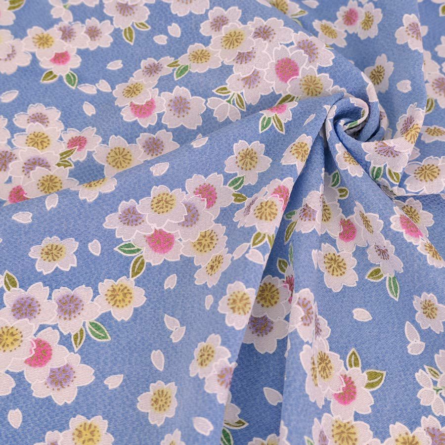 ちりめん生地 白桜(ブルー) 10cm単位 切り売り ちりめん細工向き鬼縮緬 オニチリメン 手芸用 ブルー地桜柄