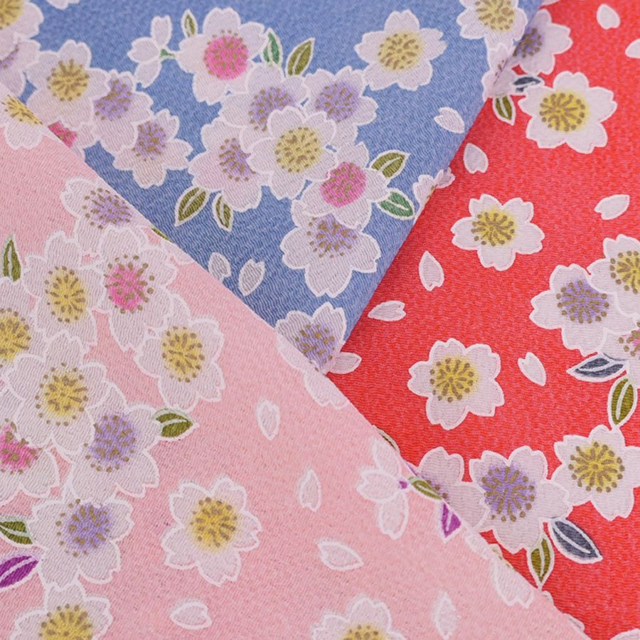 ちりめん生地 白桜(ブルー) 10cm単位 切り売り ちりめん細工向き鬼縮緬 オニチリメン 手芸用 ブルー地桜柄