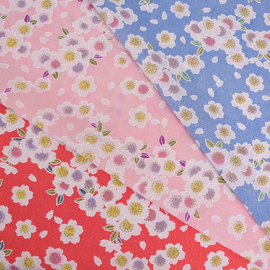 ちりめん生地 白桜(ブルー) 10cm単位 切り売り ちりめん細工向き鬼縮緬 オニチリメン 手芸用 ブルー地桜柄