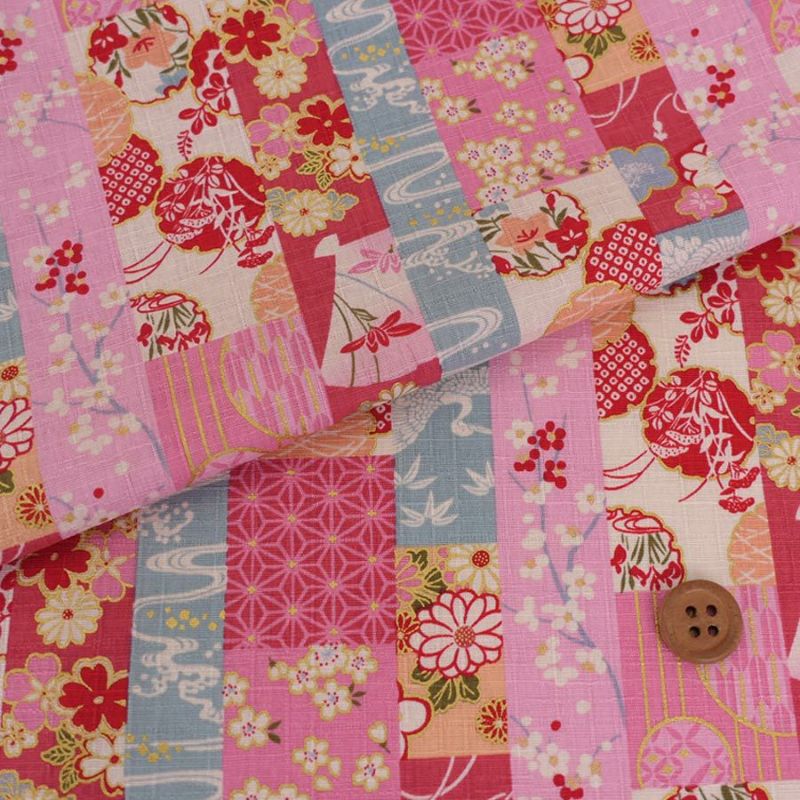 和柄コットン生地 伝統柄のパッチワーク縞模様(ピンク) 10cm単位 切り売り 和風ドビーコットン 和調木綿布地 花柄日本風 甚平生地 じんべい