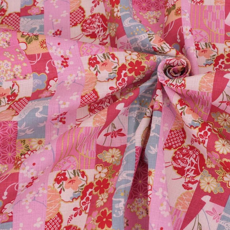 和柄コットン生地 伝統柄のパッチワーク縞模様(ピンク) 10cm単位 切り売り 和風ドビーコットン 和調木綿布地 花柄日本風 甚平生地 じんべい