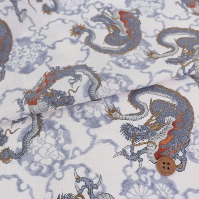和柄コットン生地 龍に雪輪(きなり) 10cm単位 切り売り