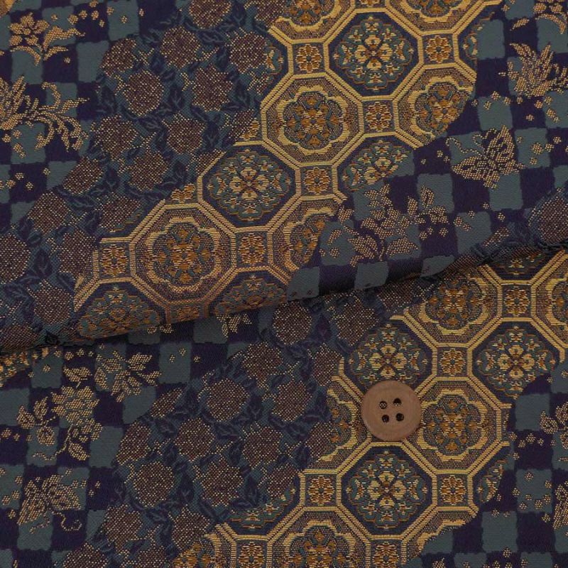 金襴生地(金らん) 蜀江文と市松の道長取り(藍色/錆金) 10cm単位 切り売り 西陣織布地 蜀江文様 古典柄 伝統文様 七五三袴生地 男の子はかま