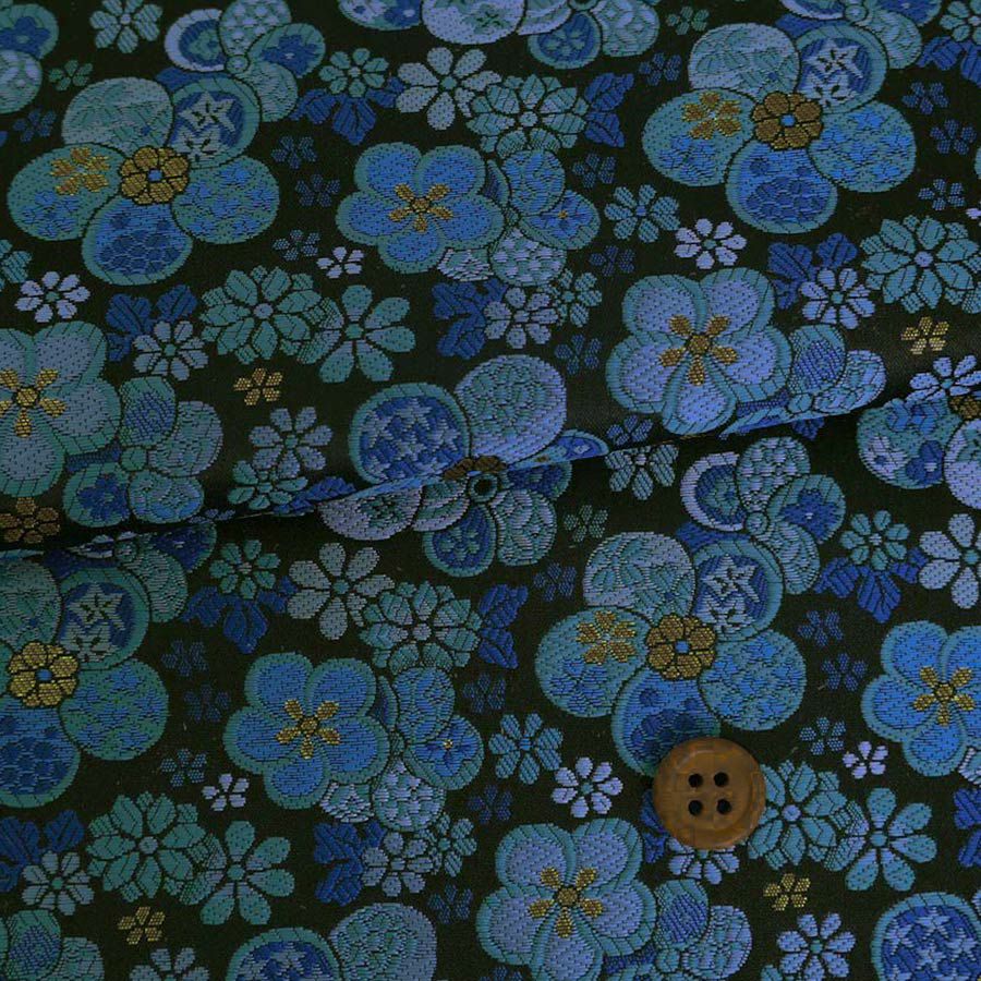 金襴生地(金らん) 親子ねじ梅(黒/青) 10cm単位 切り売り 梅柄西陣織きんらん ブルー系 ねじり梅 捻じ梅 古典柄 伝統柄