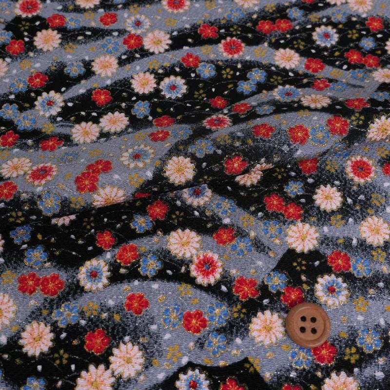 ちりめん生地 露芝に小菊(黒) 10cm単位 切り売り ちりめん手芸生地 レーヨンチリメン 手芸用 ブラックグレー 花柄