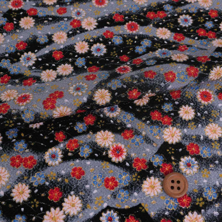 ちりめん生地 露芝に小菊(黒) 10cm単位 切り売り ちりめん手芸生地 レーヨンチリメン 手芸用 ブラックグレー 花柄