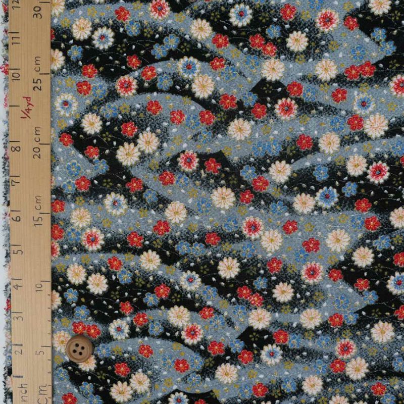 ちりめん生地 露芝に小菊(黒) 10cm単位 切り売り ちりめん手芸生地 レーヨンチリメン 手芸用 ブラックグレー 花柄