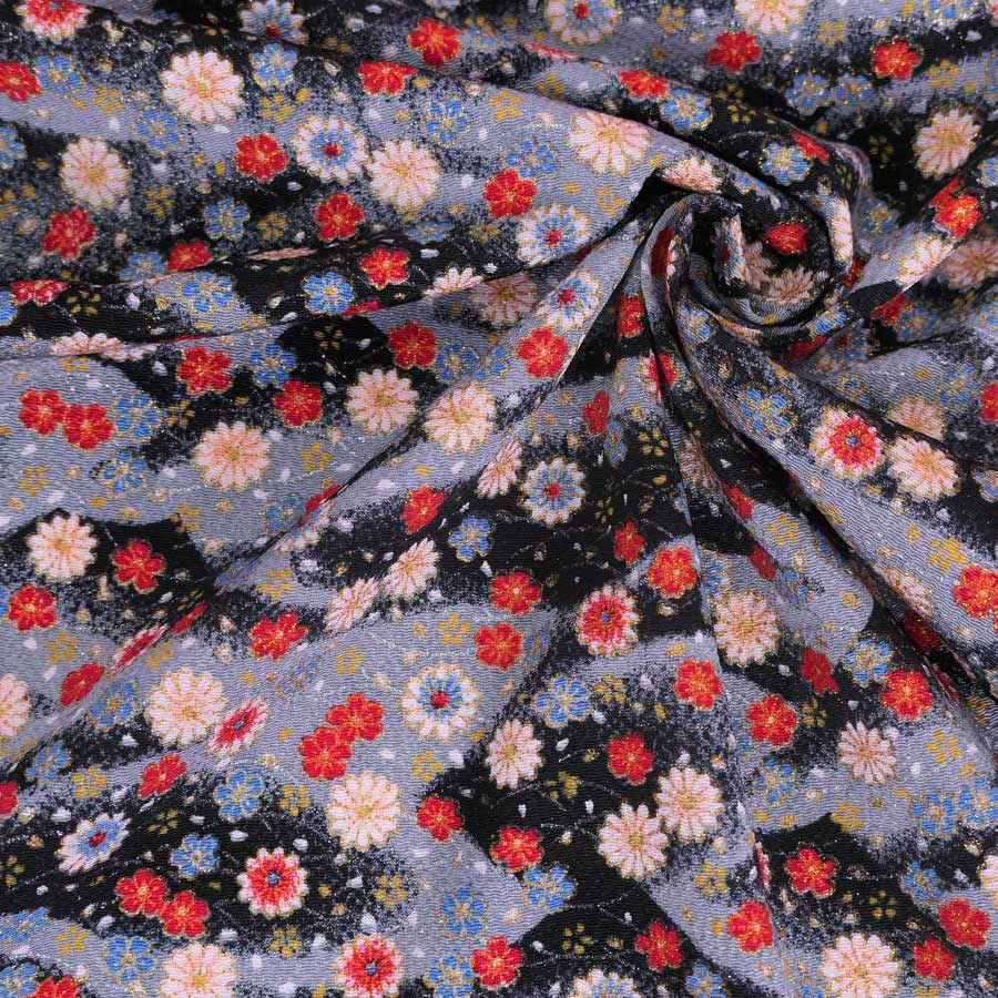 ちりめん生地 露芝に小菊(黒) 10cm単位 切り売り ちりめん手芸生地 レーヨンチリメン 手芸用 ブラックグレー 花柄