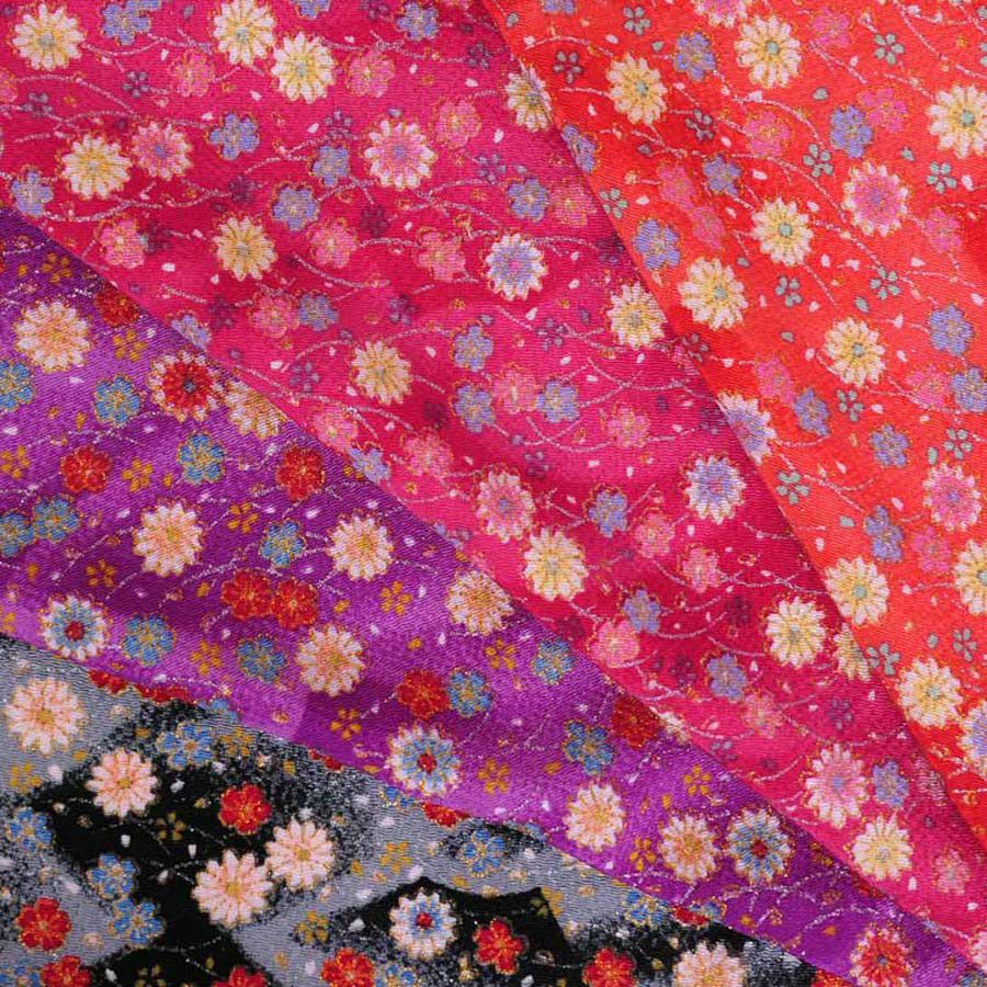 ちりめん生地 露芝に小菊(黒) 10cm単位 切り売り ちりめん手芸生地 レーヨンチリメン 手芸用 ブラックグレー 花柄