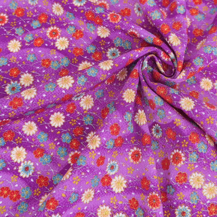ちりめん生地 露芝に小菊(紫) 10cm単位 切り売り ちりめん細工生地 レーヨン縮緬 手芸用チリメン 小花柄 パープル