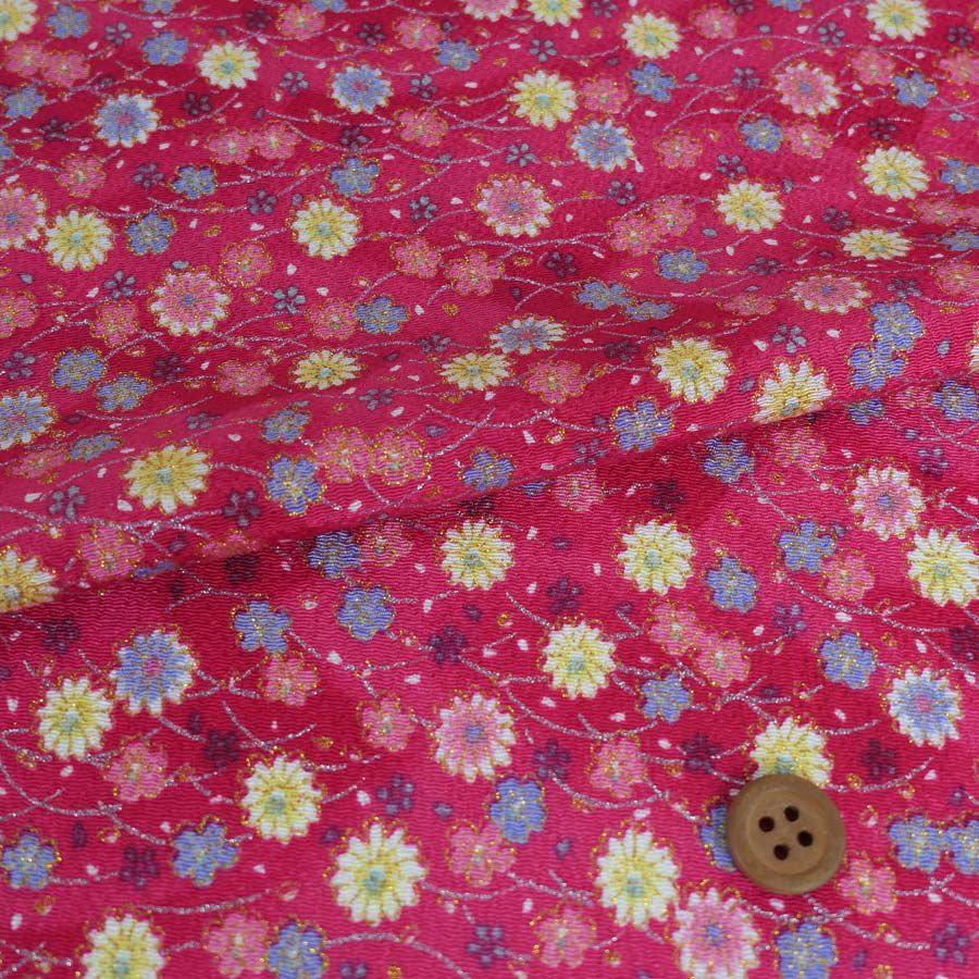 ちりめん生地 露芝に小菊(紅桃色) 10cm単位 切り売り ちりめん細工レーヨンチリメン布地 手芸用縮緬 小菊模様 紅色