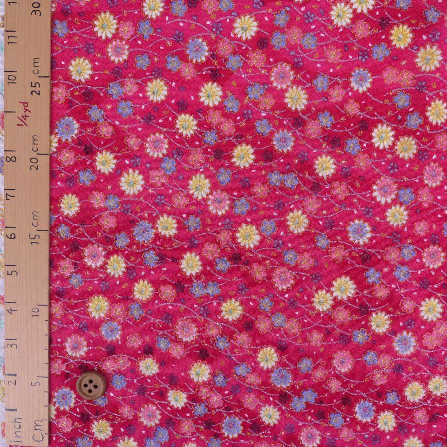 ちりめん生地 露芝に小菊(紅桃色) 10cm単位 切り売り ちりめん細工レーヨンチリメン布地 手芸用縮緬 小菊模様 紅色