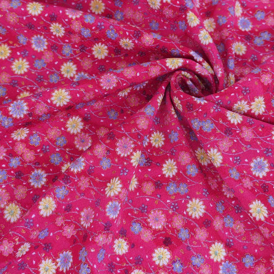 ちりめん生地 露芝に小菊(紅桃色) 10cm単位 切り売り ちりめん細工レーヨンチリメン布地 手芸用縮緬 小菊模様 紅色