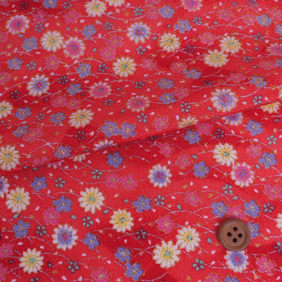 ちりめん生地 露芝に小菊(赤) 10cm単位 切り売り 小花柄レーヨンチリメン 縮緬細工 手芸用布地 和風伝統柄 小菊