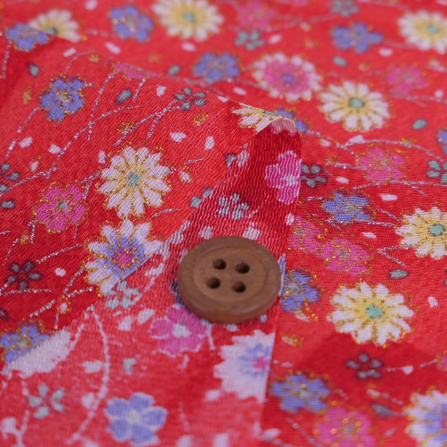 ちりめん生地 露芝に小菊(赤) 10cm単位 切り売り 小花柄レーヨンチリメン 縮緬細工 手芸用布地 和風伝統柄 小菊