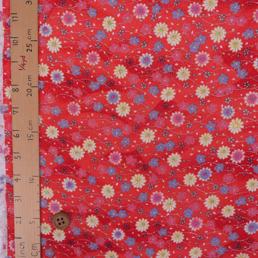 ちりめん生地 露芝に小菊(赤) 10cm単位 切り売り 小花柄レーヨンチリメン 縮緬細工 手芸用布地 和風伝統柄 小菊