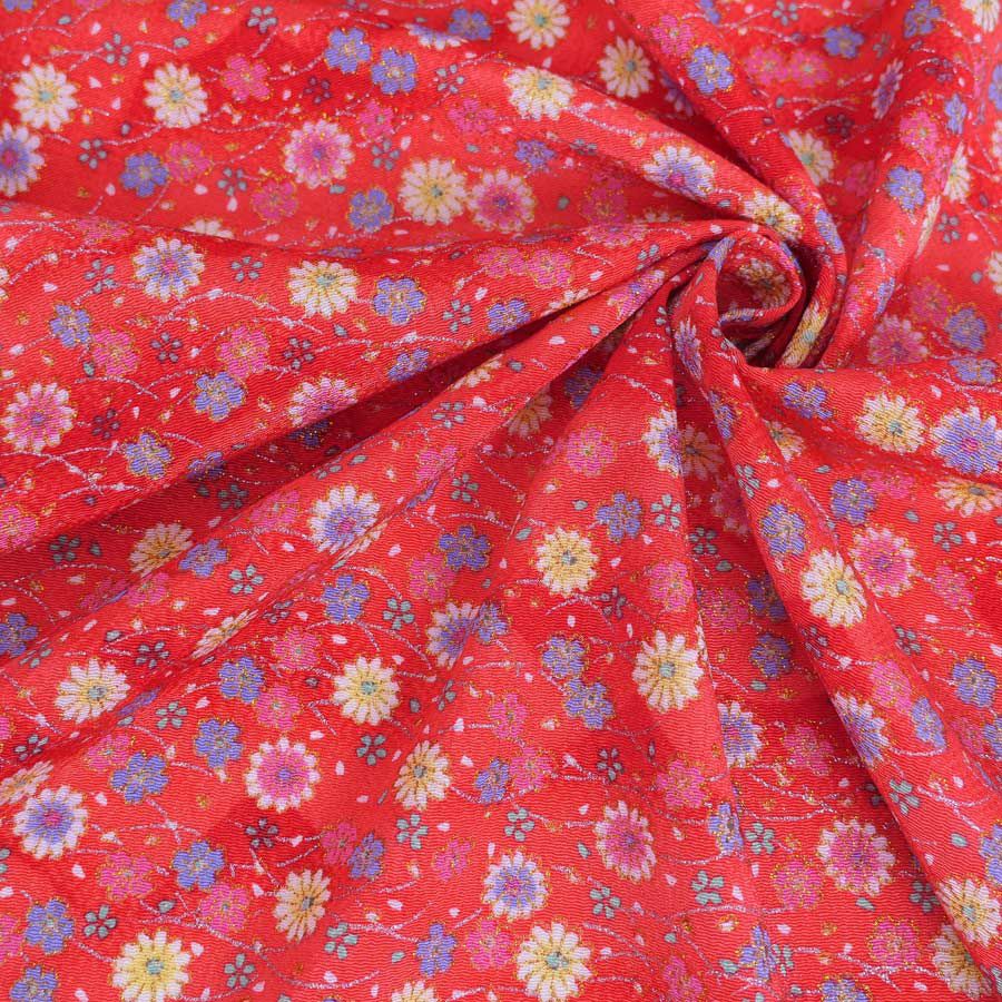 ちりめん生地 露芝に小菊(赤) 10cm単位 切り売り 小花柄レーヨンチリメン 縮緬細工 手芸用布地 和風伝統柄 小菊