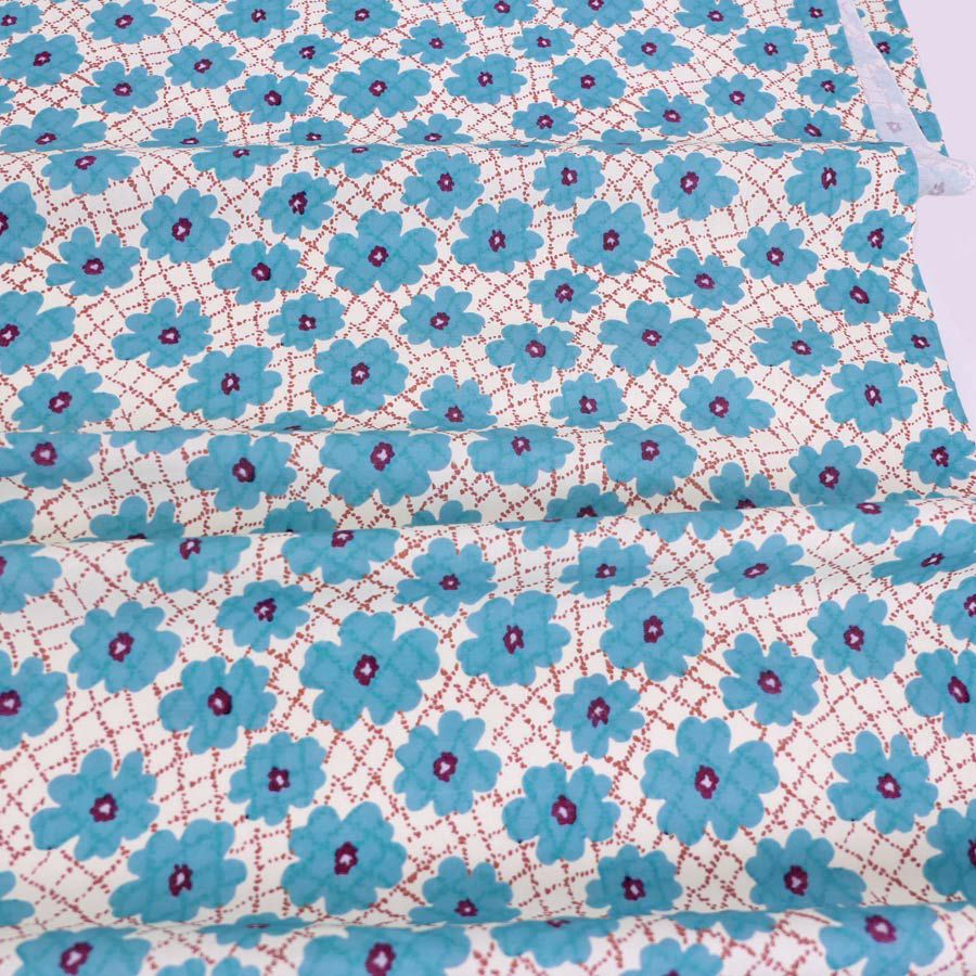 コットン生地 不規則な花格子柄(ブルー) 10cm単位 切り売り レトロ柄 チェック花柄 綿ブロードプリント布地 ブラウスシャツ