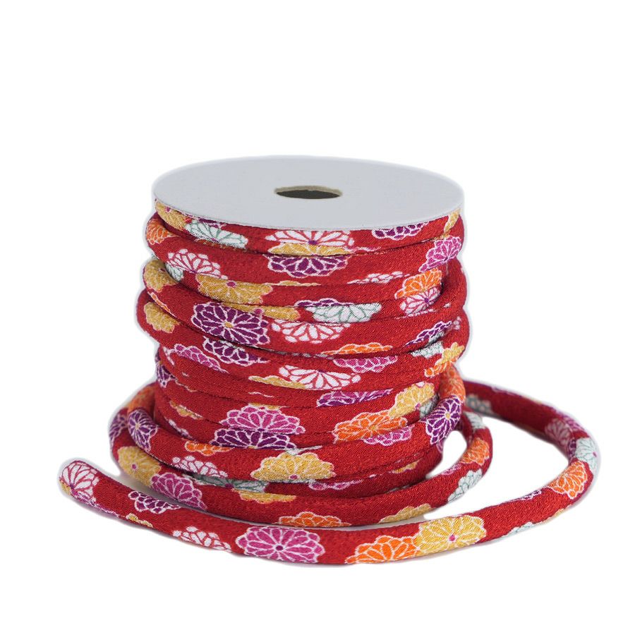 ちりめん丸ひも・柄・8ミリ(実寸約8-10ミリ) 菊姫・赤