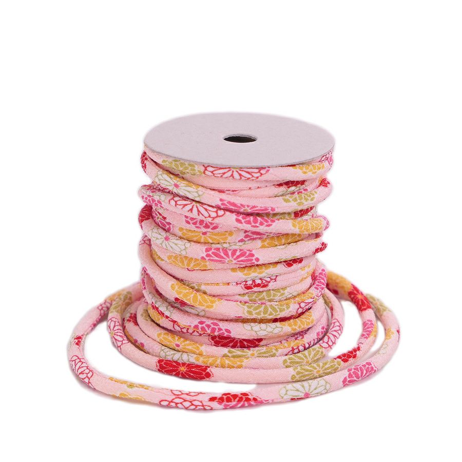 ちりめん丸ひも・柄・4ミリ(実寸約4-6ミリ) 菊姫・ピンク