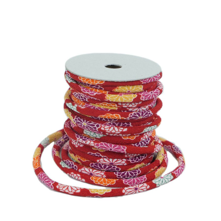 ちりめん丸ひも・柄・4ミリ(実寸約4-6ミリ) 菊姫・赤