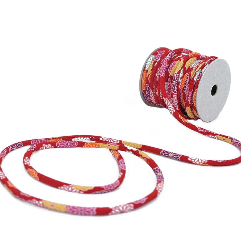 ちりめん丸ひも・柄・4ミリ(実寸約4-6ミリ) 菊姫・赤