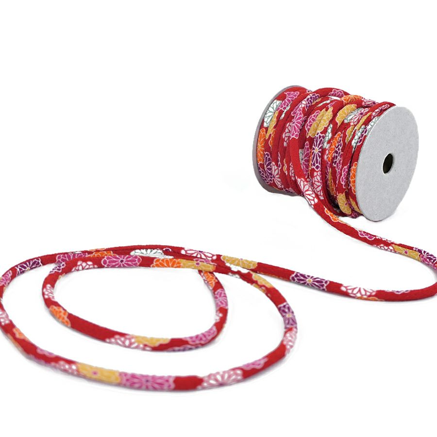 ちりめん丸ひも・柄・4ミリ(実寸約4-6ミリ) 菊姫・赤