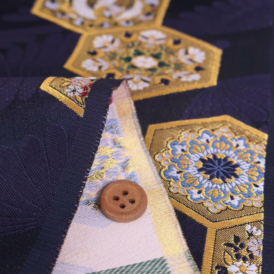 金襴生地(金らん) 亀甲に鳳凰(濃紺)