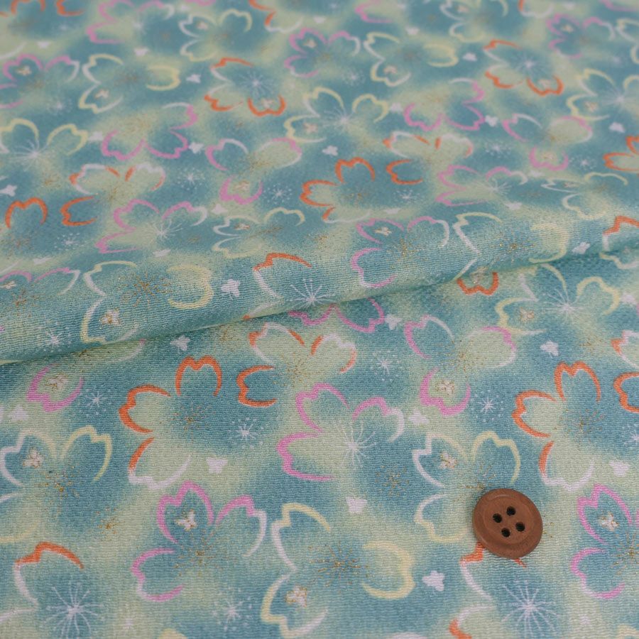 ちりめん生地 桜夜(黄緑) 10cm単位 切り売り 桜の輪郭柄チリメン レーヨン縮緬布地 手芸用グリーン花柄