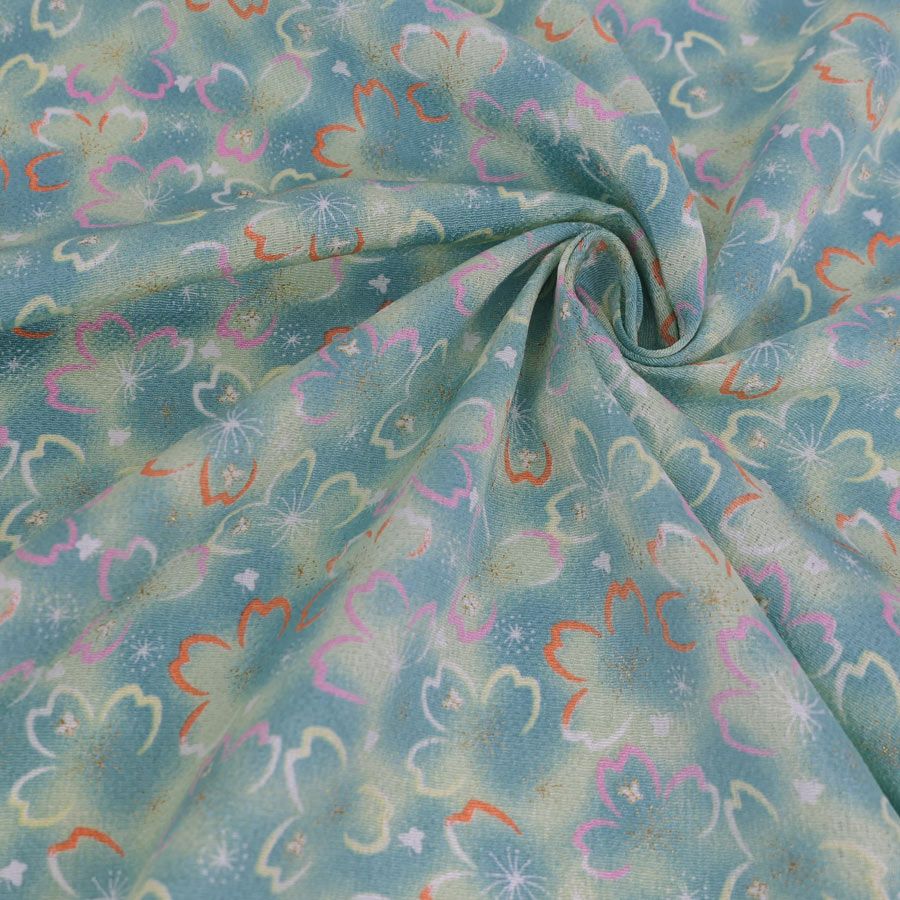 ちりめん生地 桜夜(黄緑) 10cm単位 切り売り 桜の輪郭柄チリメン レーヨン縮緬布地 手芸用グリーン花柄