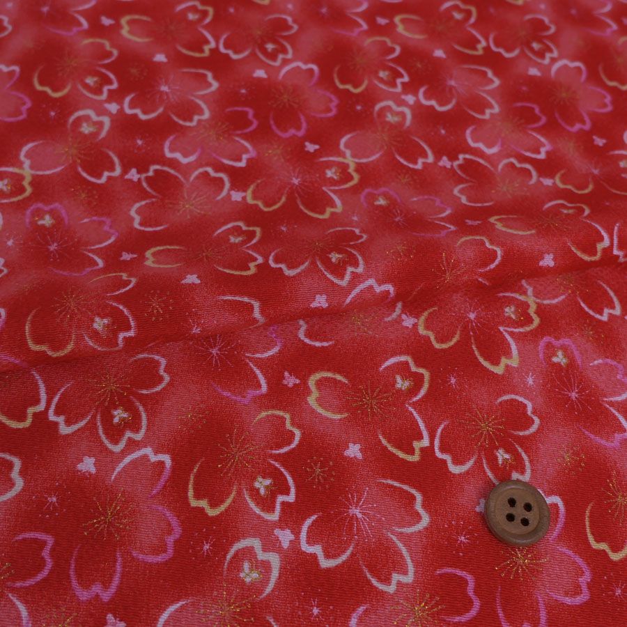 ちりめん生地 桜夜(赤) 10cm単位 切り売り 桜柄チリメン レーヨン縮緬布地 手芸用 ぼかし背景に桜輪郭