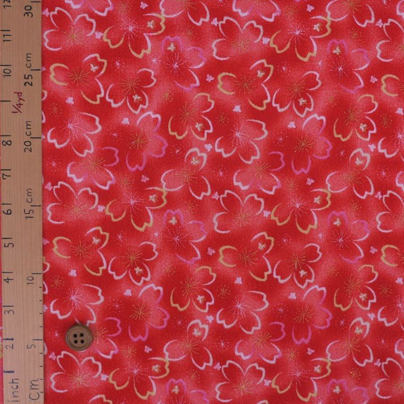 ちりめん生地 桜夜(赤) 10cm単位 切り売り 桜柄チリメン レーヨン縮緬布地 手芸用 ぼかし背景に桜輪郭