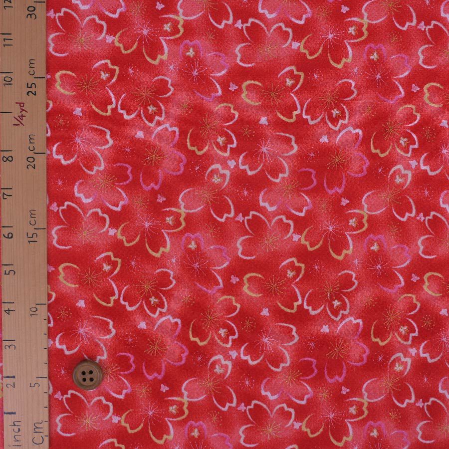 ちりめん生地 桜夜(赤) 10cm単位 切り売り 桜柄チリメン レーヨン縮緬布地 手芸用 ぼかし背景に桜輪郭