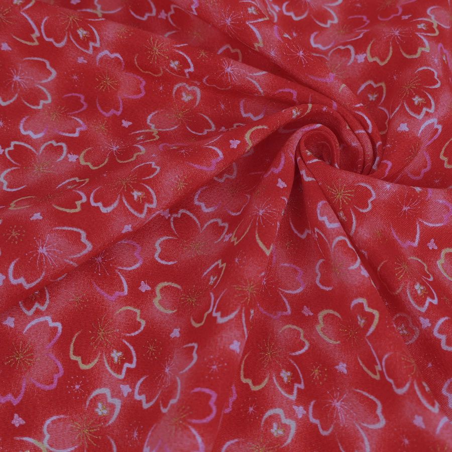 ちりめん生地 桜夜(赤) 10cm単位 切り売り 桜柄チリメン レーヨン縮緬布地 手芸用 ぼかし背景に桜輪郭