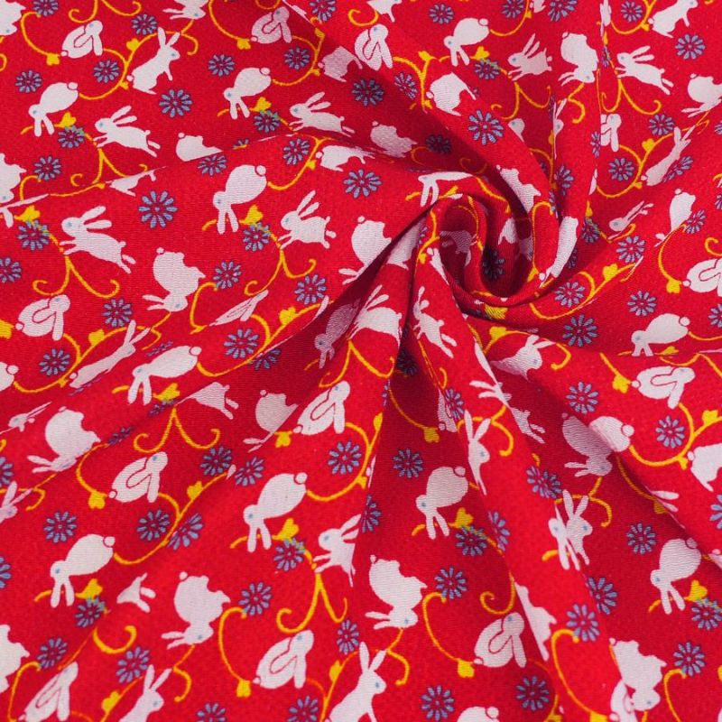 ちりめん生地 うさぎ日和(赤) 10cm単位 切り売り