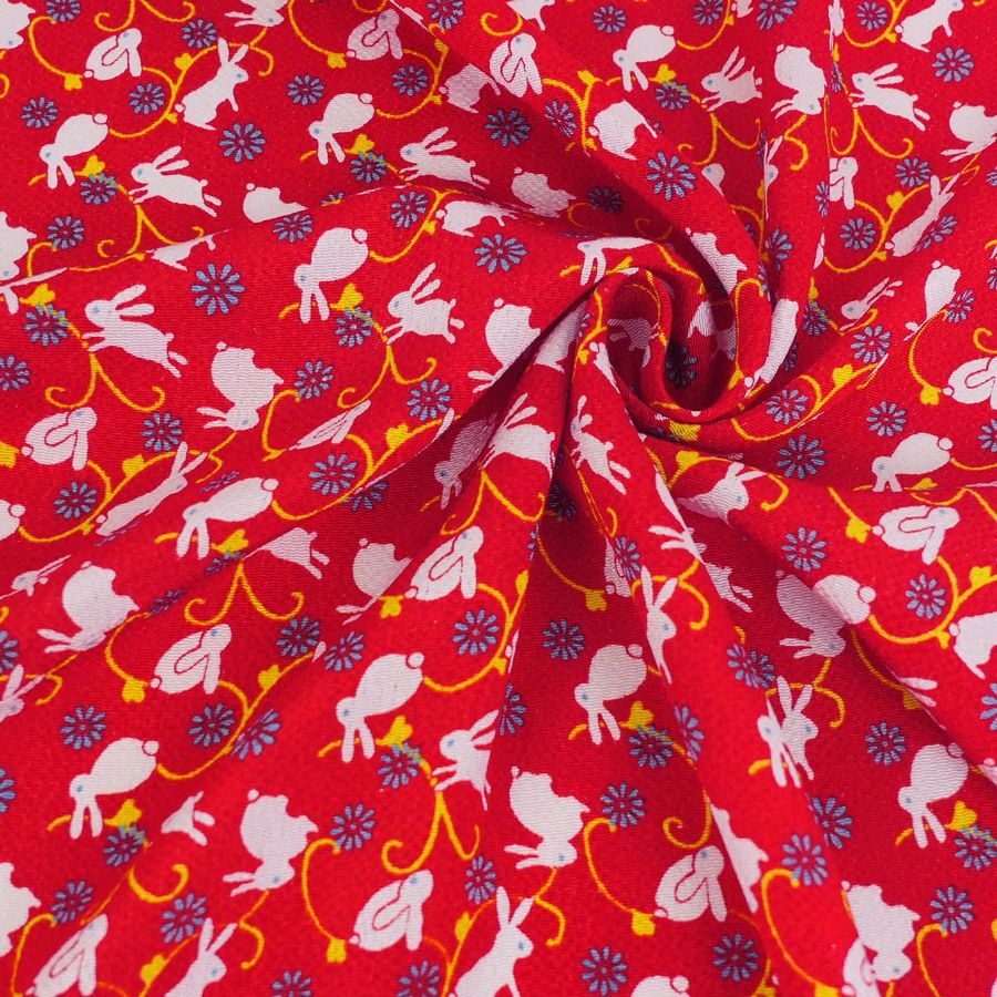 ちりめん生地 うさぎ日和(赤) 10cm単位 切り売り
