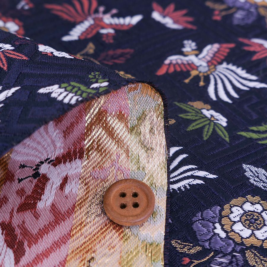 金襴生地(金らん) さやがた地に鳳凰と花(紺) 10cm単位 切り売り
