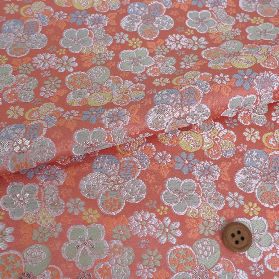 金襴生地(金らん) 親子ねじ梅(サーモンピンク) 10cm単位 切り売り