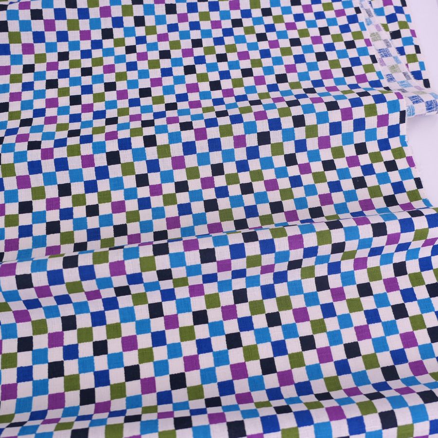和柄コットン生地 カラフルな市松柄(藍あさぎ) 10cm単位 切り売り