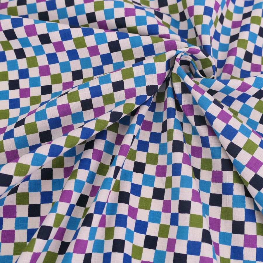 和柄コットン生地 カラフルな市松柄(藍あさぎ) 10cm単位 切り売り