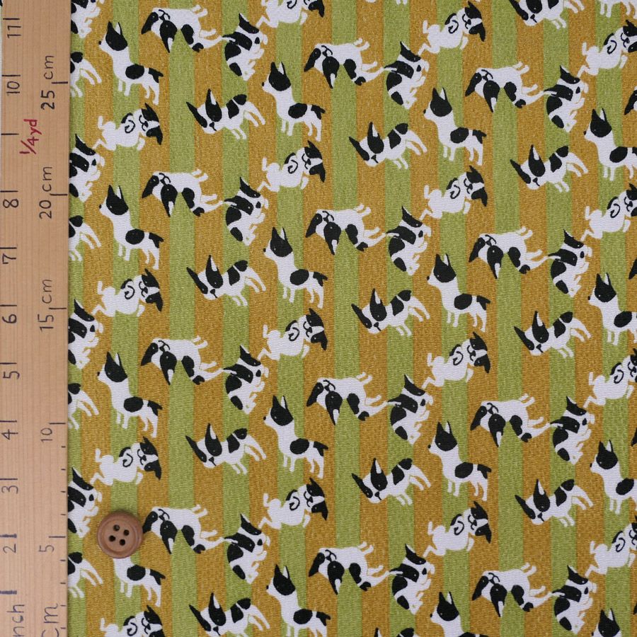 ちりめん生地 縞にフレンチブルドッグ(カーキ)